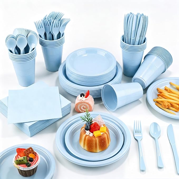 Kochorie 480 Pieces Light Blue Plastic Dinnerware Set Disposable Heavy Duty Plates Napkins Cups Silverware Dessert Dinner Plates for Birthday Wedding Baby Shower Party Supplies, Serves 60 Guests