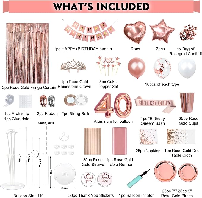 255 Pcs Rose Gold 40th Birthday Decorations for Women – Party Decoration Supplies Kit with “Happy Birthday” Banner, Balloons, Crown, Sash, Cake Topper, Tableware & Fringe Curtain for 25 Guests