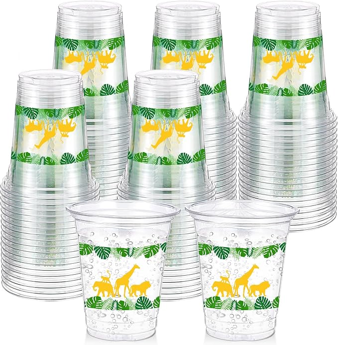 Funnymoom 60 Pack Jungle Safari Animals Cup 12 oz Wild Animals Disposable Clear Plastic Cups for Two Wild Zoo Jungle Safari Themed Birthday Baby Shower Party Decorations Supplies