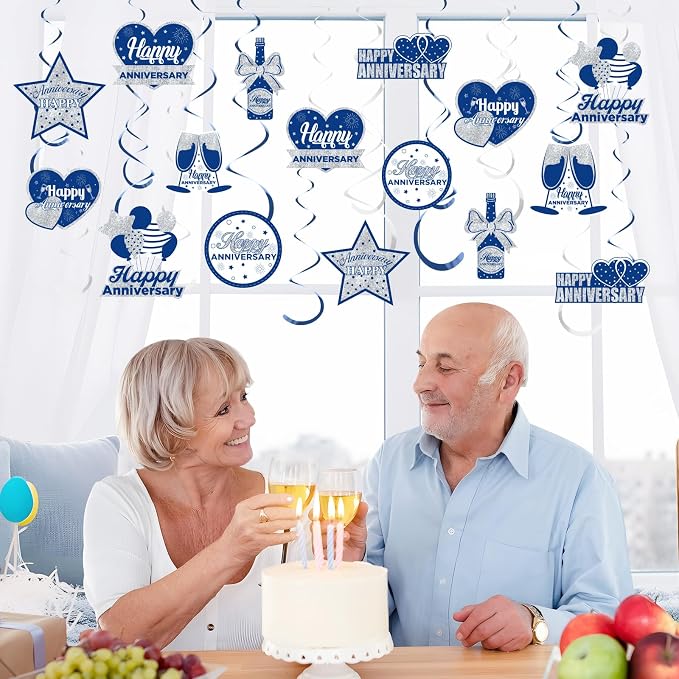Wedding Anniversary Party Decorations Hanging Swirls, 16Pcs Blue Silver Happy Anniversary Hanging Ceiling Swirls with LED Light for Men Women Anniversary, 25th 50th 60th Wedding Anniversary Party Decor