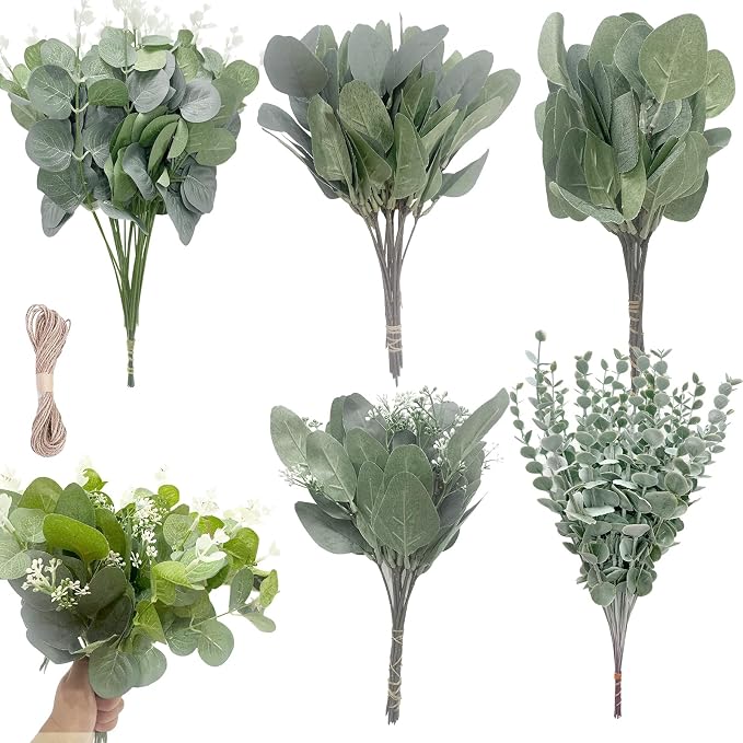 Eucalyptus Leaves Stems 120 PCS, 5 Kinds Mixed Greenery Bulk, Faux Silver Dollar Eucalyptus Stems, for DIY Bouquets Floral Arrangement Wedding