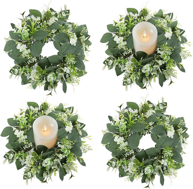 4 Pack 10 Inch Eucalyptus Candle Rings, Greenery Candle Rings Wreaths for Pillar Candles, Artificial Floral Candle Rings for Wedding, Farmhouse, Table Centerpieces Decor