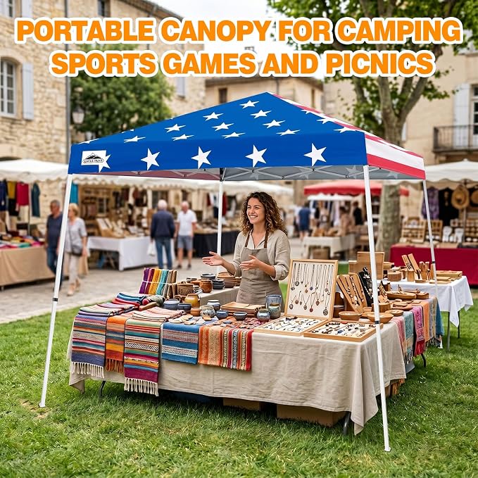 EAGLE PEAK 10x10 Slant Leg Pop-up Canopy Tent Easy One Person Setup Instant Outdoor Beach Canopy Folding Portable Sports Shelter 10x10 Base 8x8 Top (American Flag)