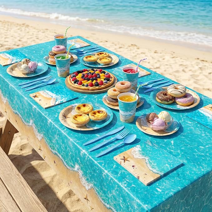 Beach Birthday Party Decorations, Beach Party Supplies, Plates and Napkins Sets [300 GSM], Tablecloths, Fringe Curtains, Banner, Ocean Themed Party Decorations, Under The Sea Beach Party Decorations
