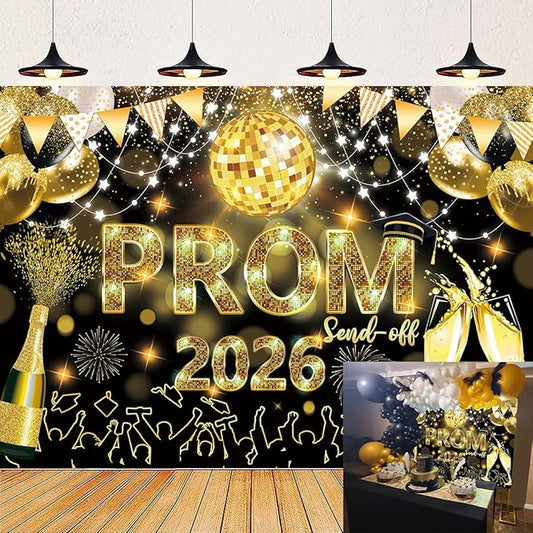 2026 Graduation Prom Backdrop Celebration Graduation Black Gold Glitter Disco Ball Send Off Photography Background School Class of 2026 Prom Night Party Decorations Banner (Black Gold, 7x5FT)