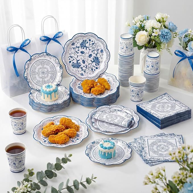 Pickmesh 250 Pcs Chinoiserie Party Supplies Decorations Blue and White Porcelain Disposable Paper Plates Napkins and Cups for Blue White Floral Baby Shower Birthday Wedding Tea Party, Serve 50