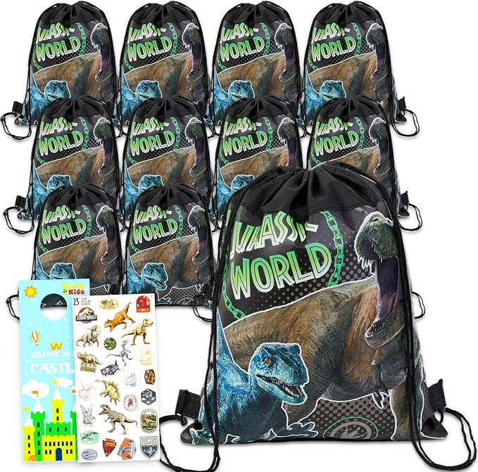 Jurassic World Party Favor Bags Set - Bundle with 12 Dinosaur Drawstring Bags for Kids Plus Stickers, More | Jurassic Park Birthday Party Supplies