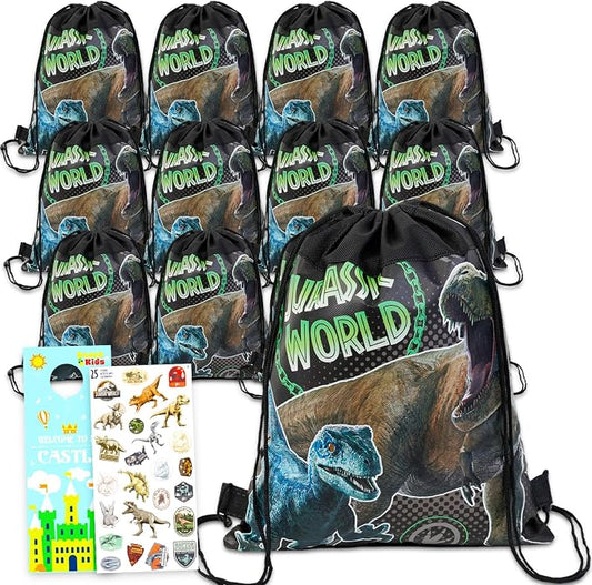 Jurassic World Party Favor Bags Set - Bundle with 12 Dinosaur Drawstring Bags for Kids Plus Stickers, More | Jurassic Park Birthday Party Supplies