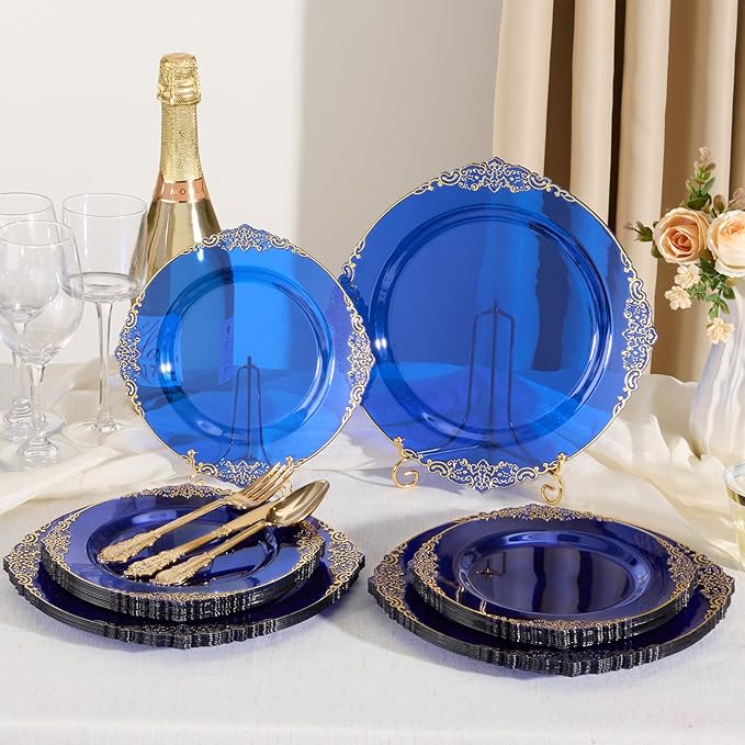 Goodluck 250 PCS Vintage Translucent Blue & Gold Rim Plastic Plates with Cutlery Set - Serves 50 - Heavy Duty Elegant Disposable Dinnerware for Baby Shower, Ocean Theme Party