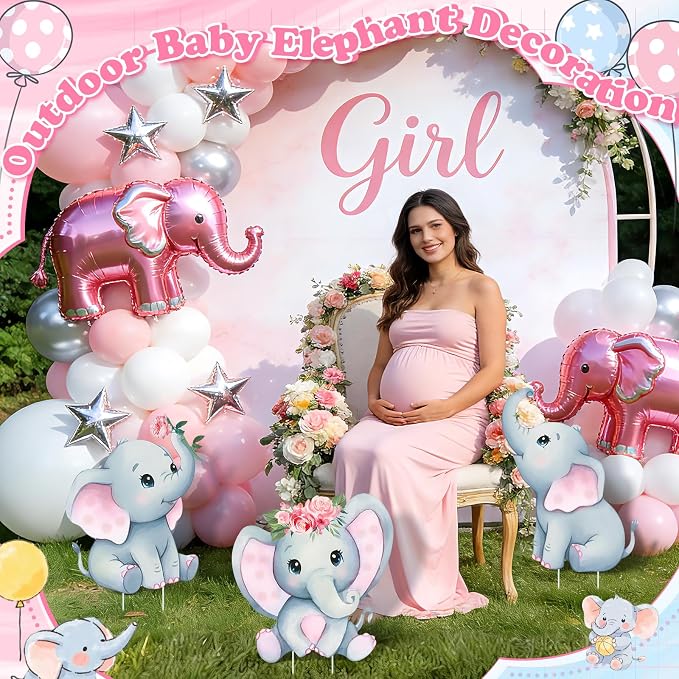 3Pcs Pink Elephant Baby Shower Decorations with Stakes & Stands, Waterproof Large Baby Elephant Cardboard Cutouts Standup Cartoon Birthday Party Indoor Outdoor Decor for Photo Booth Props
