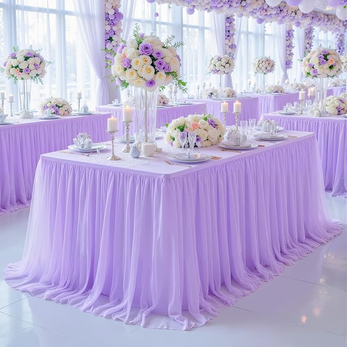 2 Pack Lavender Table Cloth for 8 Foot Rectangle Tables, Stretch Fitted Tulle Table Covers Skirt, Rectangular Ruffle Tutu Tablecloth Wedding Banquet Baby Shower Cake Tablecloths Decorations