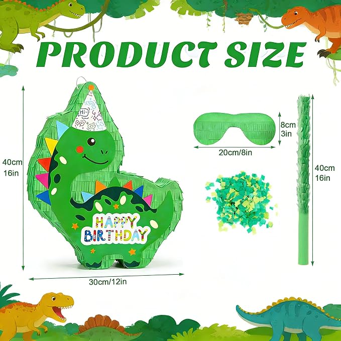 Dinosaur Piñata - Green Dinosaur Piñata with Stick, Blindfold and Confetti for Animal Themed Birthday Party Game Supplies Decorations (16”x12”x3”)