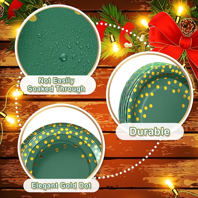 Tegeme 256 Pcs Dark Green and Gold Dot Party Supplies Paper Plates Napkin Tablecloth Set Disposable Cup Fork Knives Spoon Serve 36 Dinnerware for Birthday Wedding Aniversary Baby Shower Decoration