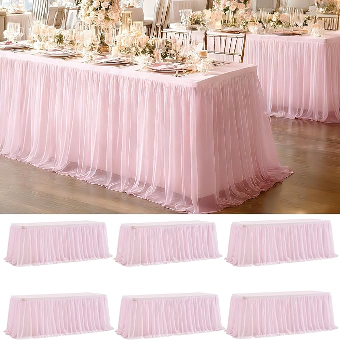 Tulle Tablecloth Table Skirt, Pink, 6ft, 6 Pack | For 6 Foot Rectangle Tables, Ruffle Tutu Table Skirt, Wedding Reception Party Birthday