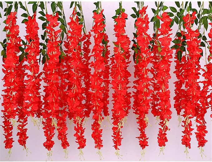 24pcs Wisteria Hanging Flowers,3.6 FT Fake Wisteria,Artificial Wisteria Hanging Flowers Wisteria Garland Arch Silk String for Wedding Garden Party Outdoor Home Wall Decoration (24pcs red)