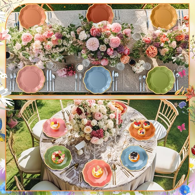 72 Pcs Wildflower Color Paper Plates 9 Inch Green Blue Orange Gradient Scalloped Paper Disposable Dinner Dessert Plates for Birthday Wedding Bridal Party Supplies, 6 Colors