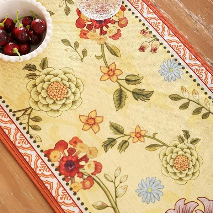 bilin gaier Linen Floral Yellow and Orange Table Runner 71 Inches Long,Wrinkle-Resistant Rustic Farmhouse Decor,Decor Luxury Vintage Runner Table Cloth for Coffee & Dining Table,12"x71"-Bellano