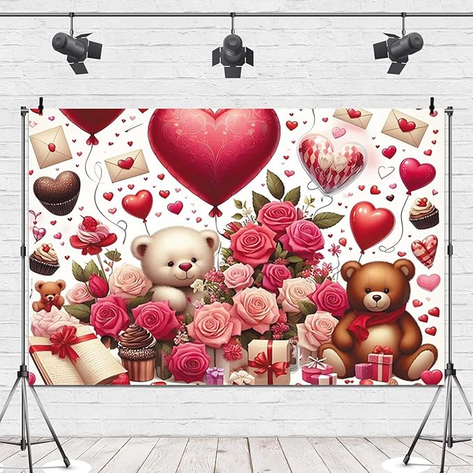 15x8ft Vinyl Happy Valentine's Day Backdrop Rose Bear Hearts Balloons Photo Background Valentines Bridal Shower Mother's Day Photoshoot Backdrops