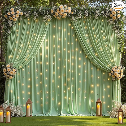 10 x 10ft Sage Green Backdrop Curtains with Lights String Green Polyester Photo Drapes Wrinkle Free Curtains Backdrop for Birthday Parties Wedding Reception Baby Shower Ceremony-5 x 10ft x 2P