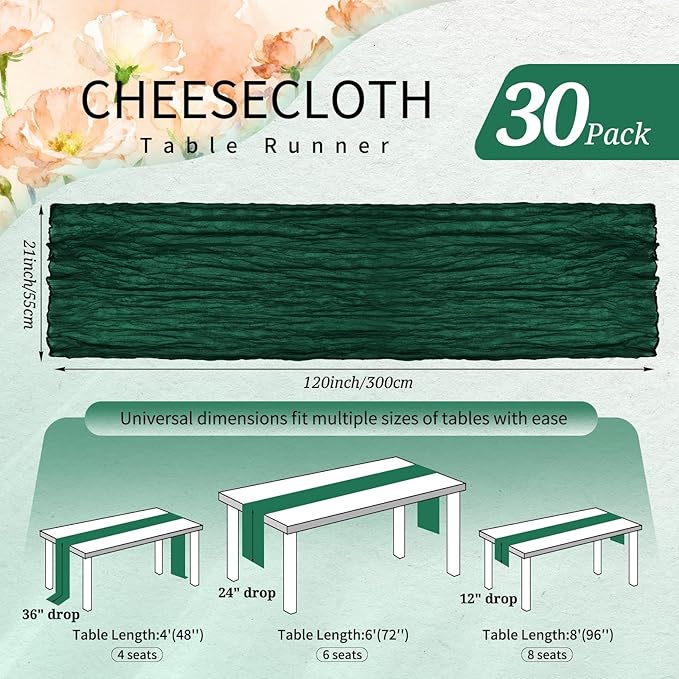 30 Pack Cheesecloth Table Runner 10FT Emerald Green Table Runner Boho Gauze Cheese Cloth Table Runners Long Rustic Sheer Table Decorations for Wedding Party Baby Bridal Shower Birthday Holiday Home