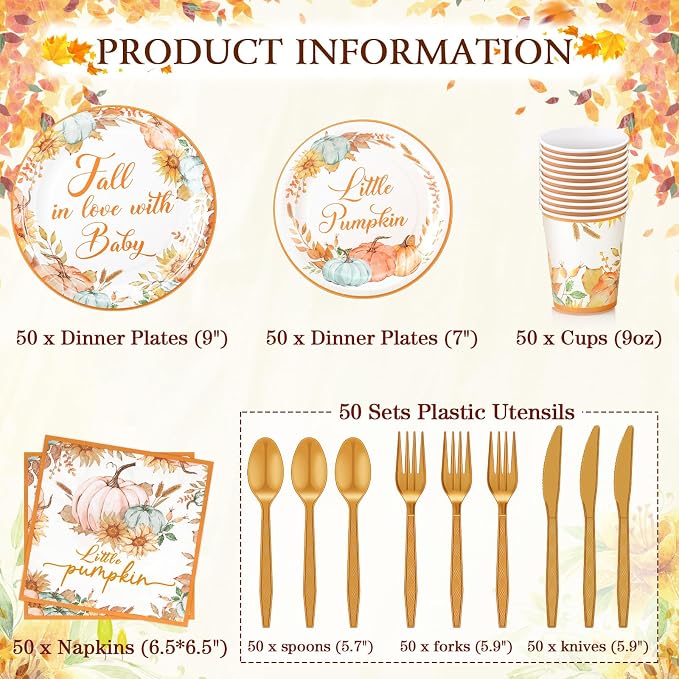 Ziliny 350 Pcs Fall Baby Shower Party Supplies Fall in Love with Baby Paper Plates Napkins Cups and Plastic Cutlery Party Tableware Set for Autumn Shower Birthday Decorations, Serves 50