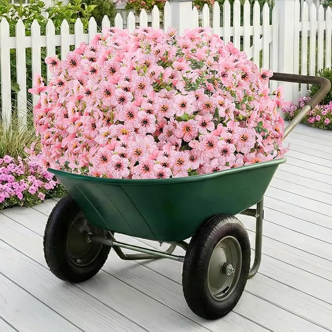 Artificial Flowers Fake Plants for Outdoors Spring Decoration, 13Bundles Silk Realistic UV Resistant Faux Flowers for Outside Planter Porch Yard Patio Garden Home Indoor, Pink