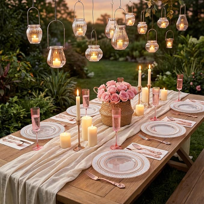 102PCS Rose Gold Plastic Plates - Clear Rose Gold Disposable Plates - Elegant Hammered Plate Include 51PCS 7.5inch Dessert & 51PCS 10.25inch Dinner Plate for Wedding Party