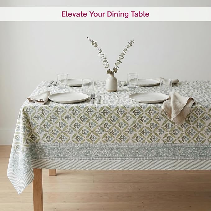 ATOSII Netta Green 100% Cotton Rectangle Spring Summer Tablecloth, Handblock Floral Print Linen Table Cloth for Kitchen Dining I Parties, Weddings, Outdoors, Easter Decor 60 X 108 Inches, 8 Seater