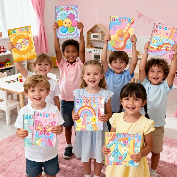 BenLouis 24 Hippie Boho Mini Coloring Books Kids with 24 Stacking Crayons Retro Daisy Party Favors Activity Books Bulk for Kids Two Groovy Goodie Bag Gift Stuffer Classroom Reward