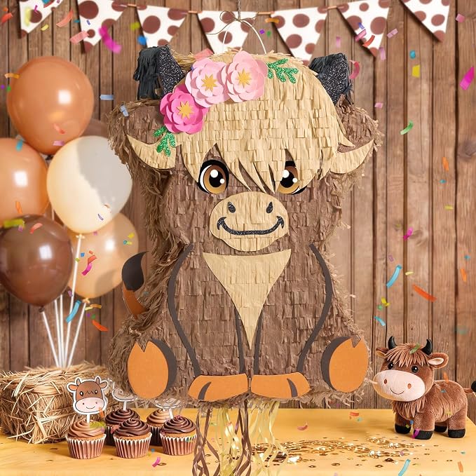 WERNNSAI Highland Cow Piñata - Scottish Cattle Piñata with Blindfold and Bat for Boys Girls Animal Farm Birthday Party Supplies Cute Floral Baby High Land Cow Country Party Favors Gifts Decor