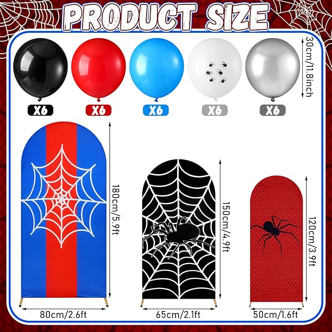 Foilswirl 34 Pcs Spider Birthday Party Decorations 3 Spider Web Arch Backdrop Covers (4/5/6ft) Web Spandex Arch Cover with 30 Red Blue and Black Silver Balloons for Birthday Party Photo Props Decor