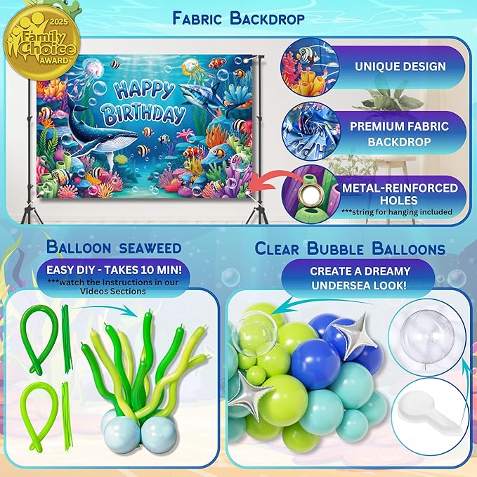 179 Pc Premium Under the Sea Party Decorations – Ocean Themed Baby Shark Birthday Supplies with Balloon Arch Kit, Backdrop, Sea Creatures, Cake Toppers & Tablecloth – Underwater Party Decor for Kids