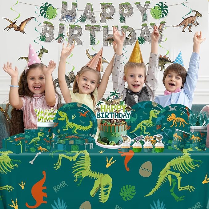 Dinosaur Birthday Decorations, 197Pcs Dinosaur Party Decorations Tableware Set Include Dinosaur Plates,Napkins,Cups,Balloon,Banner,Hanging Swirl,Cake Toppers,Tablecloth for Boy Dino Birthday Supplies