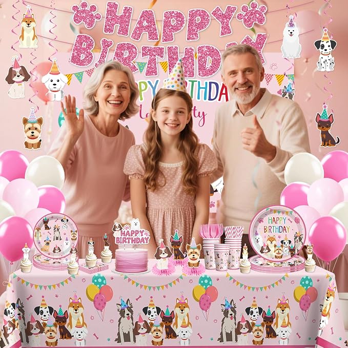 Cocomigo Dog Birthday Decorations, 230 Pcs Puppy Birthday Party Decorations Set with Backdrop, 2 Tablecloths, Plates, Napkins, Balloons & Banner, All-in-One Dog Party Supplies, Serves 25