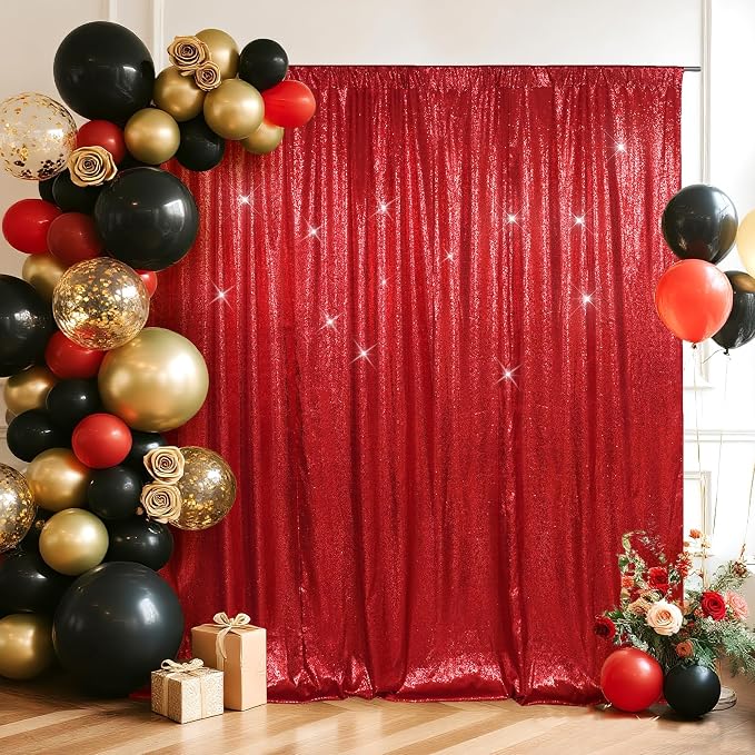 SquarePie 6x8ft Red Sequin Backdrop for Photography, Satin-Backed Real Sequin Curtain, Enhanced Coverage Shimmering Background with 4" Rod Pocket for Wedding, Birthday, Party Decor, 1 Panel