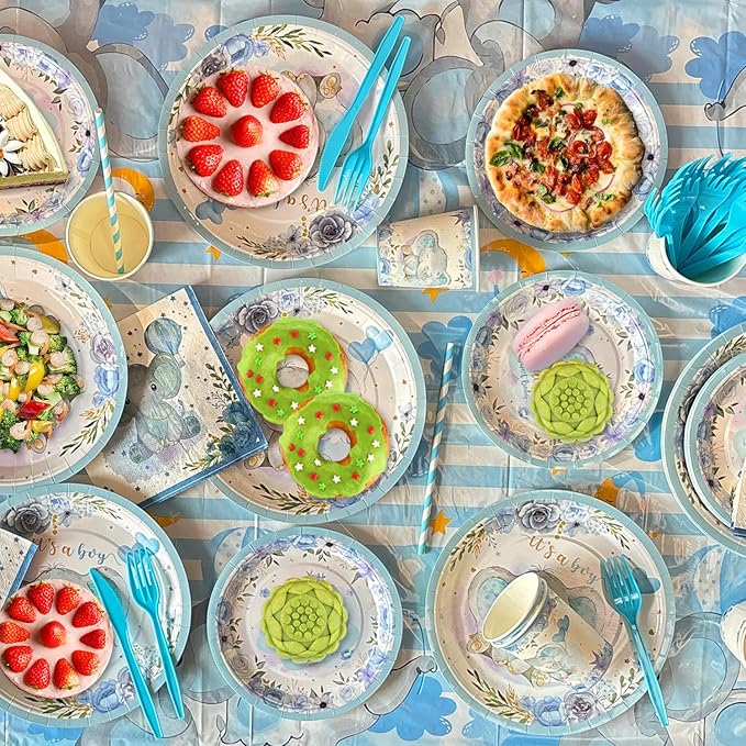 Elephant Baby Shower Decorations for Boy, 224 Pcs Blue Baby Shower Supplies(20 Guest) Includes Paper Plate, Cups, Napkins, Forks, Balloon Garland, Tablecloth, Backdrop