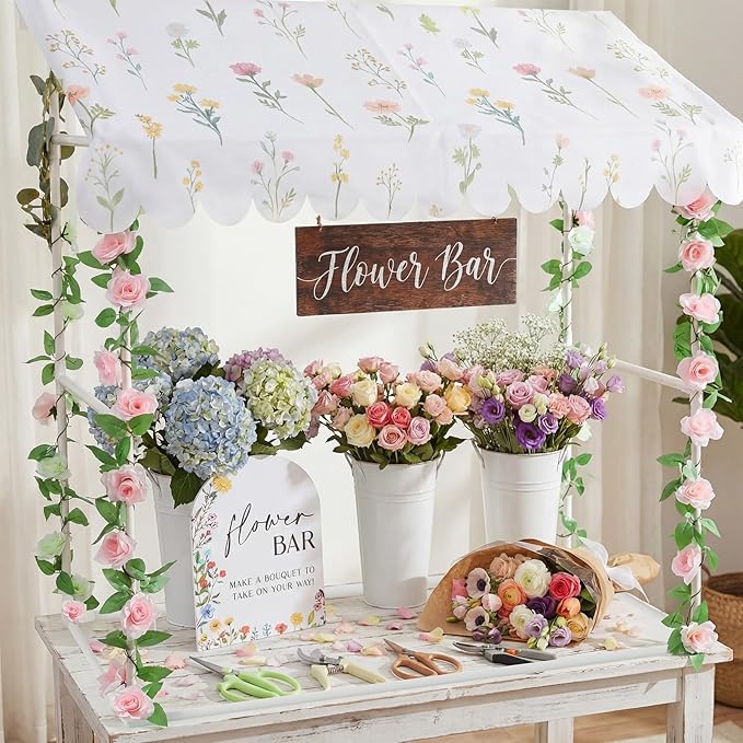 7 Pcs Flower Bar Stand Kit Flower Display Bloom Bar with 1 Set Plastic Stand 1 Floral Sunshade Cloth 4 Rose Tinsel 1 Wood Sign for Wedding Shop Floral Party Supplies Garden