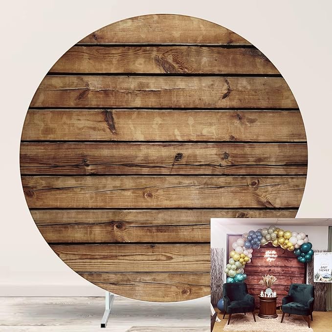 Rustic Wood Round Backdrop Cover 7.2FT Polyester Brown Retro Wood Texture Circle Background for Photography,Themed Party,Baby Shower,Birthday Party,Wedding,Banquets,Photo Shoot Supplies