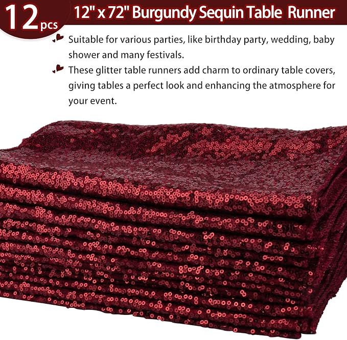 12 Packs Sequin Table Runner Glitter Dining Table Runner for Birthday Wedding Engagement Bridal Baby Shower Bachelorette Holiday Celebration Party Supplies Decorations (12" x 72", Burgundy)