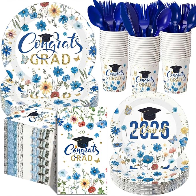 400 Pcs Class of 2026 Blue Floral Graduation Decoration for 50, Royal Navy Blue Gold Graduation Paper Plates Napkin Cup Cutlery Wildflower Grad Tableware for 2026 Congrats Grad Party Supply