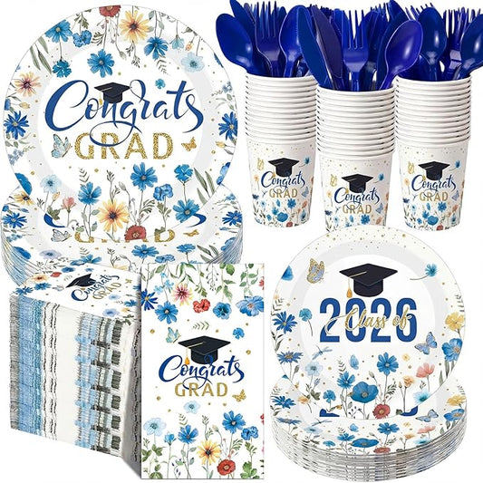 400 Pcs Class of 2026 Blue Floral Graduation Decoration for 50, Royal Navy Blue Gold Graduation Paper Plates Napkin Cup Cutlery Wildflower Grad Tableware for 2026 Congrats Grad Party Supply