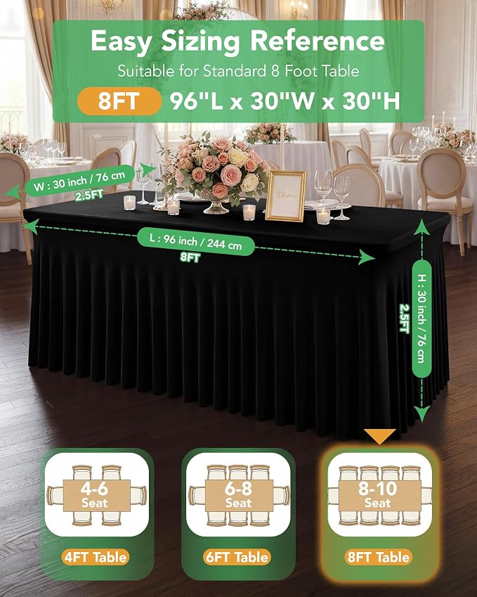4 Pack Spandex Table Cover Skirts for 8ft Rectangle Tables, Black Stretch Table Cloths with Floor-Length Ruffle, Elastic Fitted Skirted Tablecloth for Elegant Wedding Banquet Party Buffet Decoration