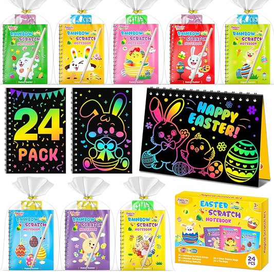 Party Favors for Kids: 24 Pack Easter Rainbow Scratch Art Notebook Classroom School Supplies Bulk for Girls Boys Goodie Bags Stuffers, Return Gifts for Birthday Party Gift Kid Crafts