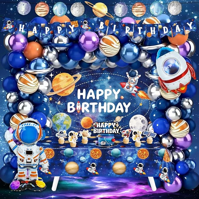 139Pcs Space Themed Party Decorations, All-In-One Outer Space Planet Birthday Banner Backdrop Cake Cupcake Toppers Tablecloth Astronaut Rocket Balloon Garland Kit