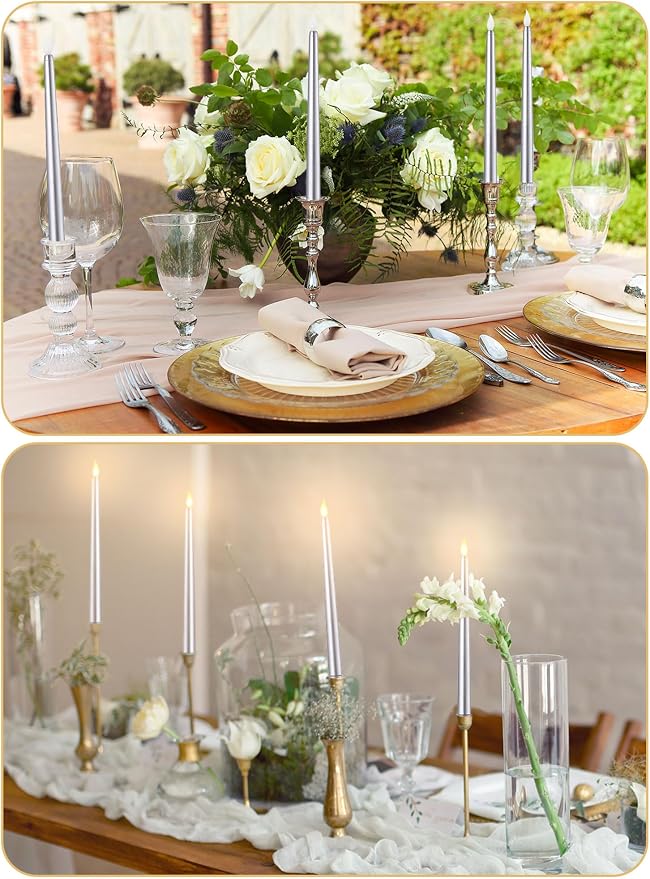 Funtery 48 Pcs Flameless LED Taper Candles Battery Operated Candles Bulk Realistic LED Candlesticks Flickering for Wedding Church Party Home Decor(Silver,11 Inch,Classic Style)