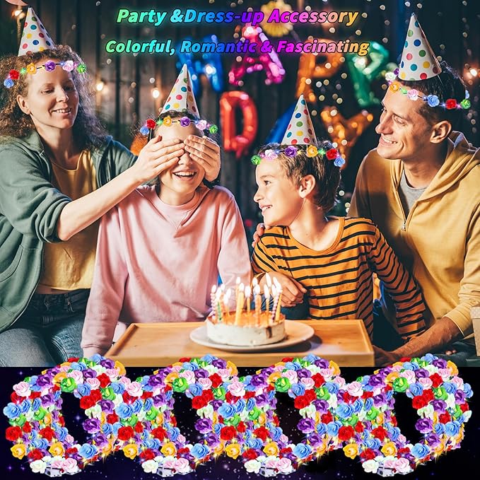 80 Pcs LED Flower Crown Headband Glow Floral Wreath Crown for Women Light Up Flower Headband Glow in the Dark Hair Accessories for Wedding Birthday Cosplay Beach Party Favor