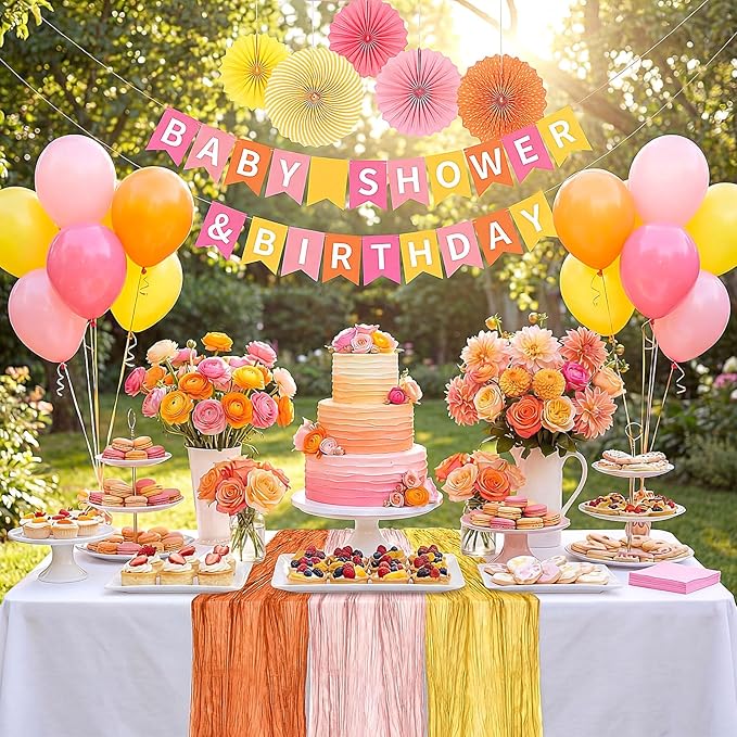 6 Pcs Pink Orange Yellow Cheesecloth Table Runner Summer Boho Gauze Cheese Cloth Runner 118" Rustic Table Decor for Hippie Retro Boho Wedding Baby Shower Birthday Party Home Arbor Decorations