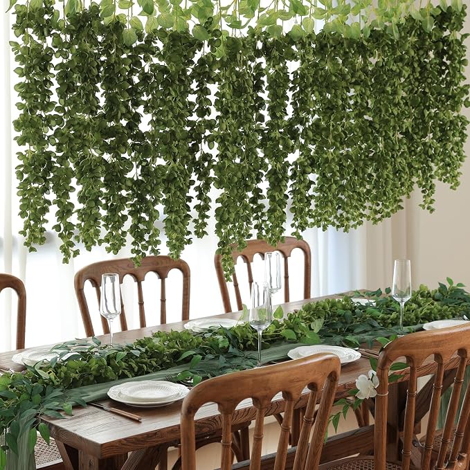 mizii 6Pcs Green Wisteria Hanging Flowers 48" Silk Wisteria Artificial Flowers Garland Vines Fake Hanging Flowers Decoration for Wedding Flower Wall Backdrop Centerpieces Party Room Decor (Green)