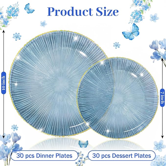 DaYammi 60Pcs Blue Plastic Plates with Gold Rimmed - Disposable Plates for Party Include:30 Dinner Plate 30 Dessert plate,Blue Plate with Radial Texture for Party & Wedding & Dinner