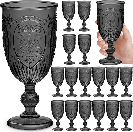 Wiwiqing 18 Pack Plastic Goblets 10oz Upgrade Vintage Water Goblet Plastic Wine Glasses Colored Retro Embossed Glassware for Party Wine Bar Juice Baby Shower Wedding Reception Grand (Black)